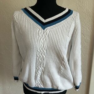 Talbots White and Blue V-Neck Women's Sweater